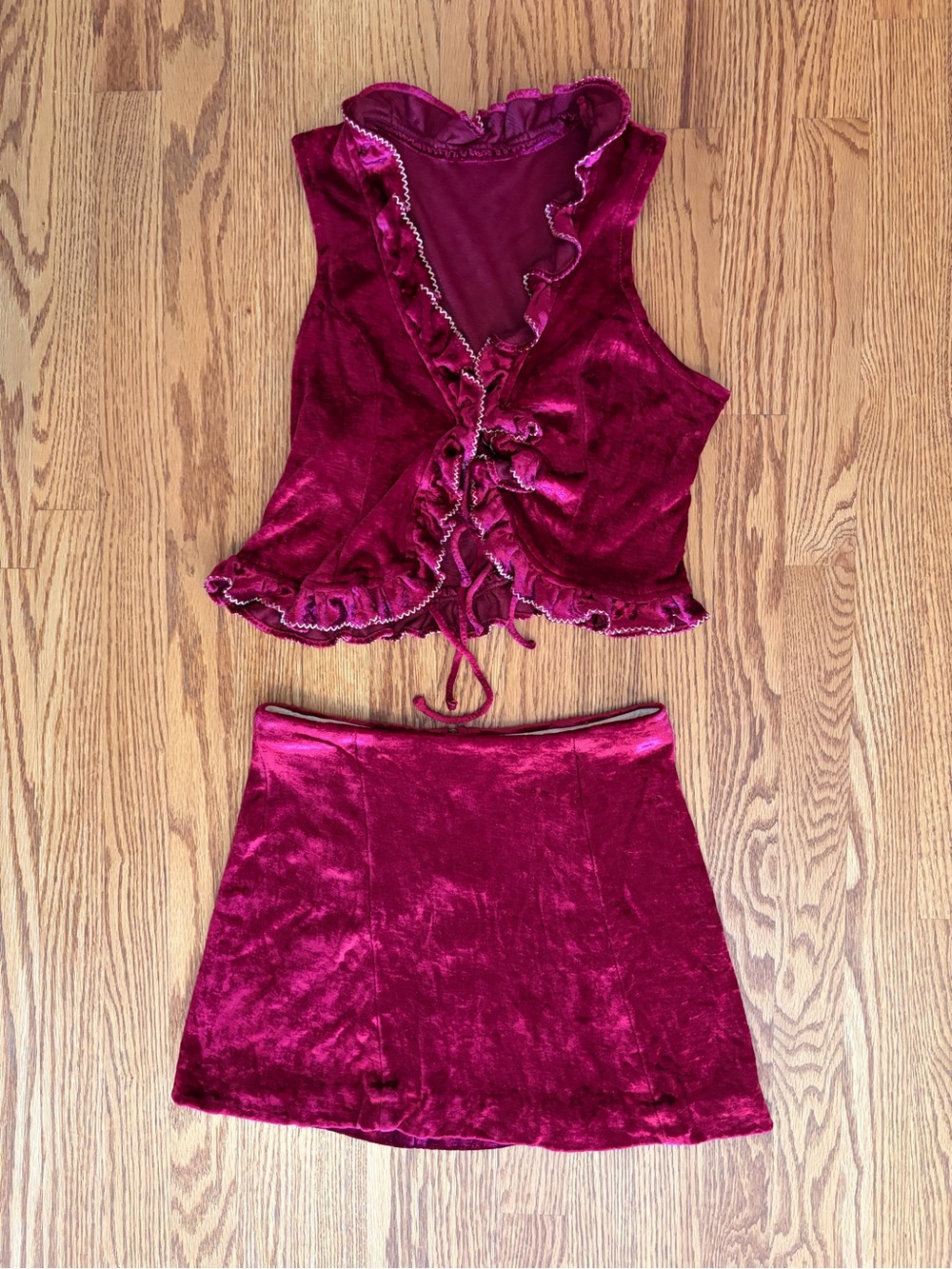 Velvet Ruffle Crop Top and Mini Skirt Set - Burgundy